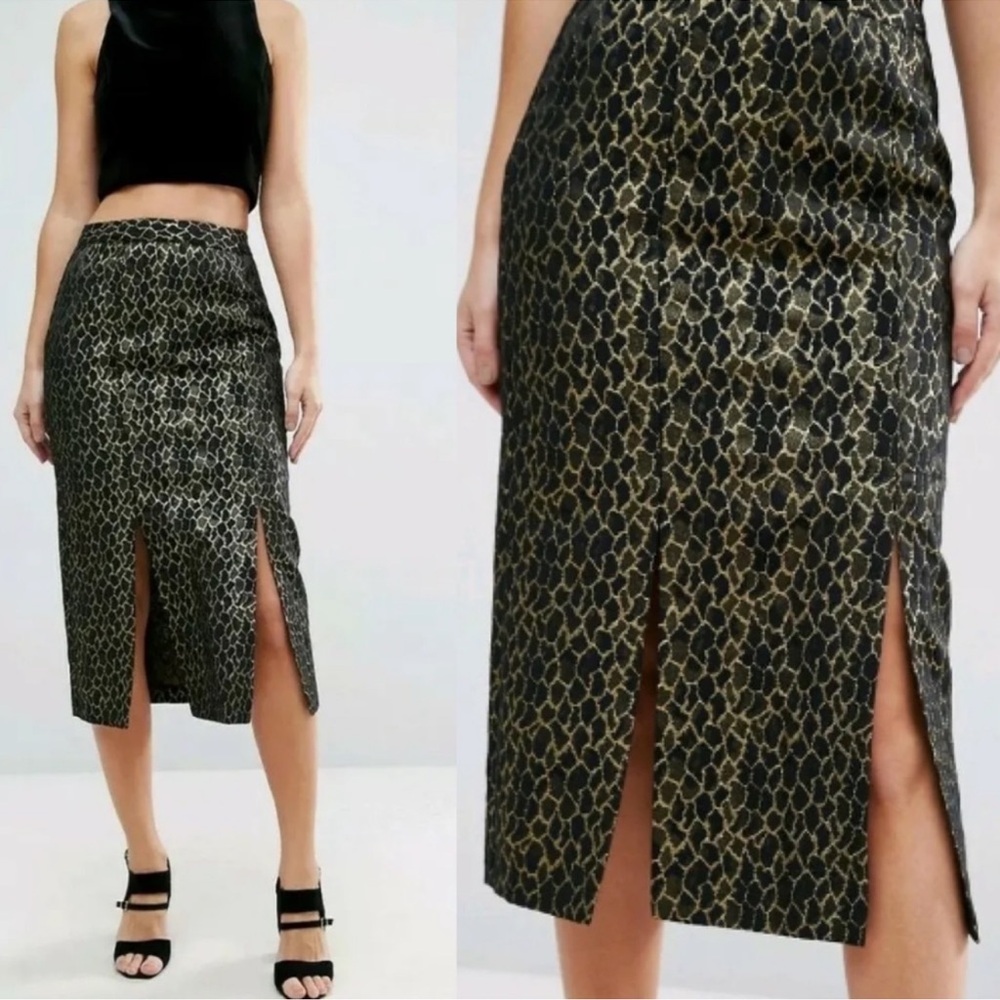 ASOS Black Gold Glitter Camo Animal Print Double Slit Jacquard Pencil Skirt